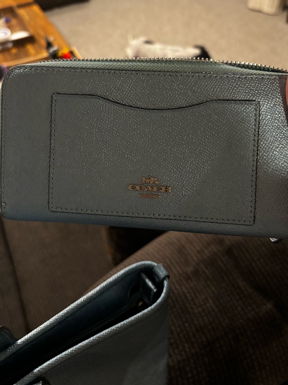 COACH Pebbled Leather Zip Wallet in Slate Blue